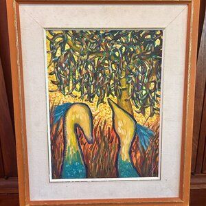 Vintage Abstract Peacock Painting | Framed Colorful Expressionist Wall Art